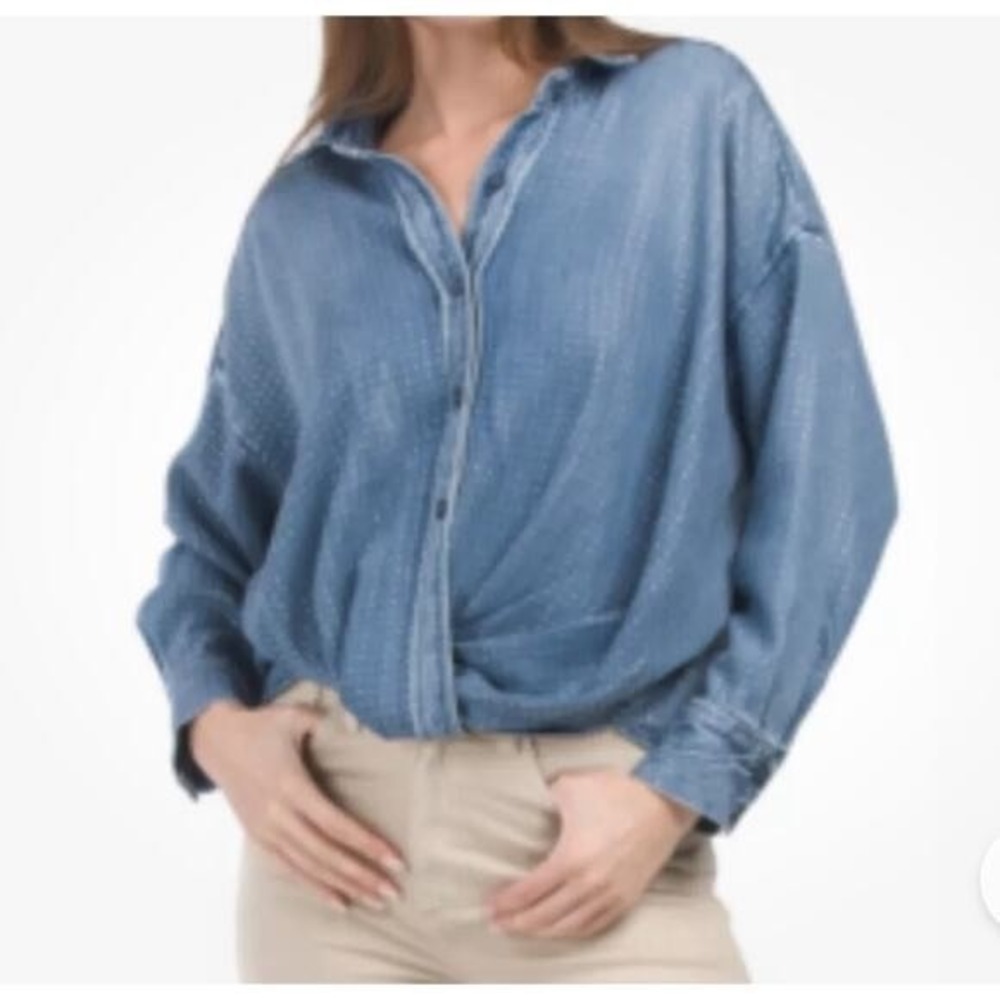 YFB Young Fabulous & Broke Blue Twist Front Denim Lyocell Modal Shirt Small boho